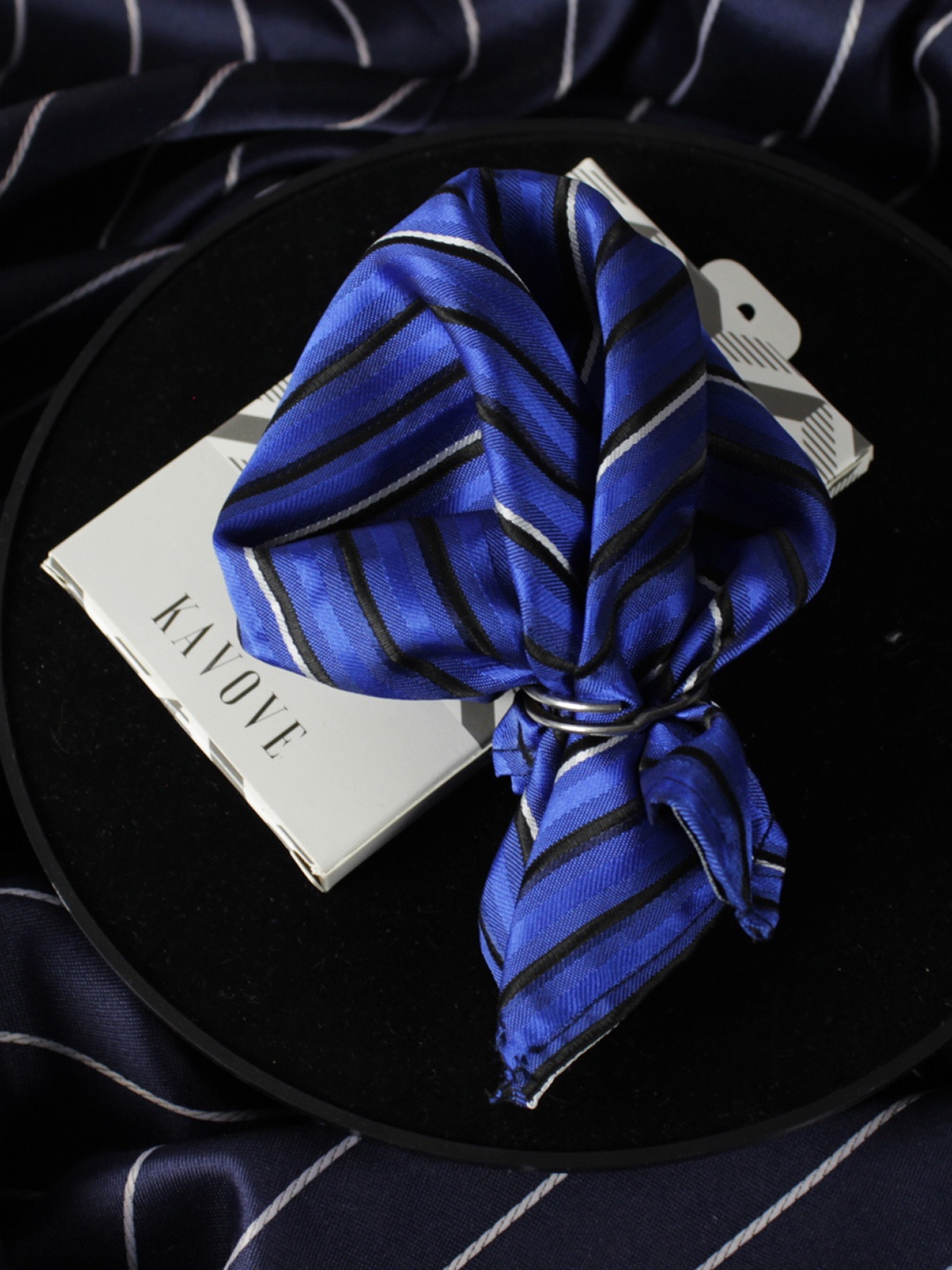 

KOVOVE Men Blue & Black Striped Pocket Square