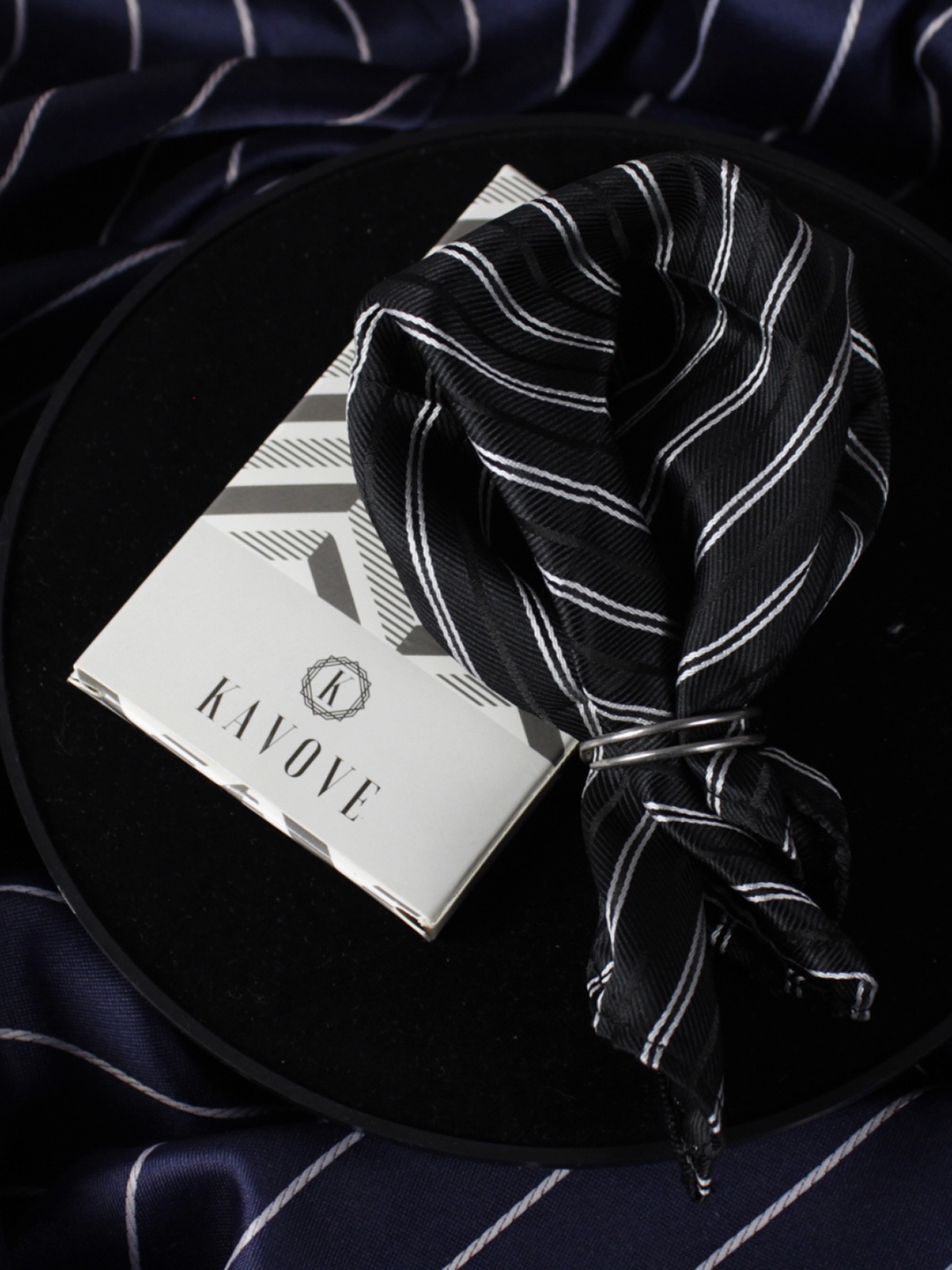 

KOVOVE Men Black & White Striped Pocket Square