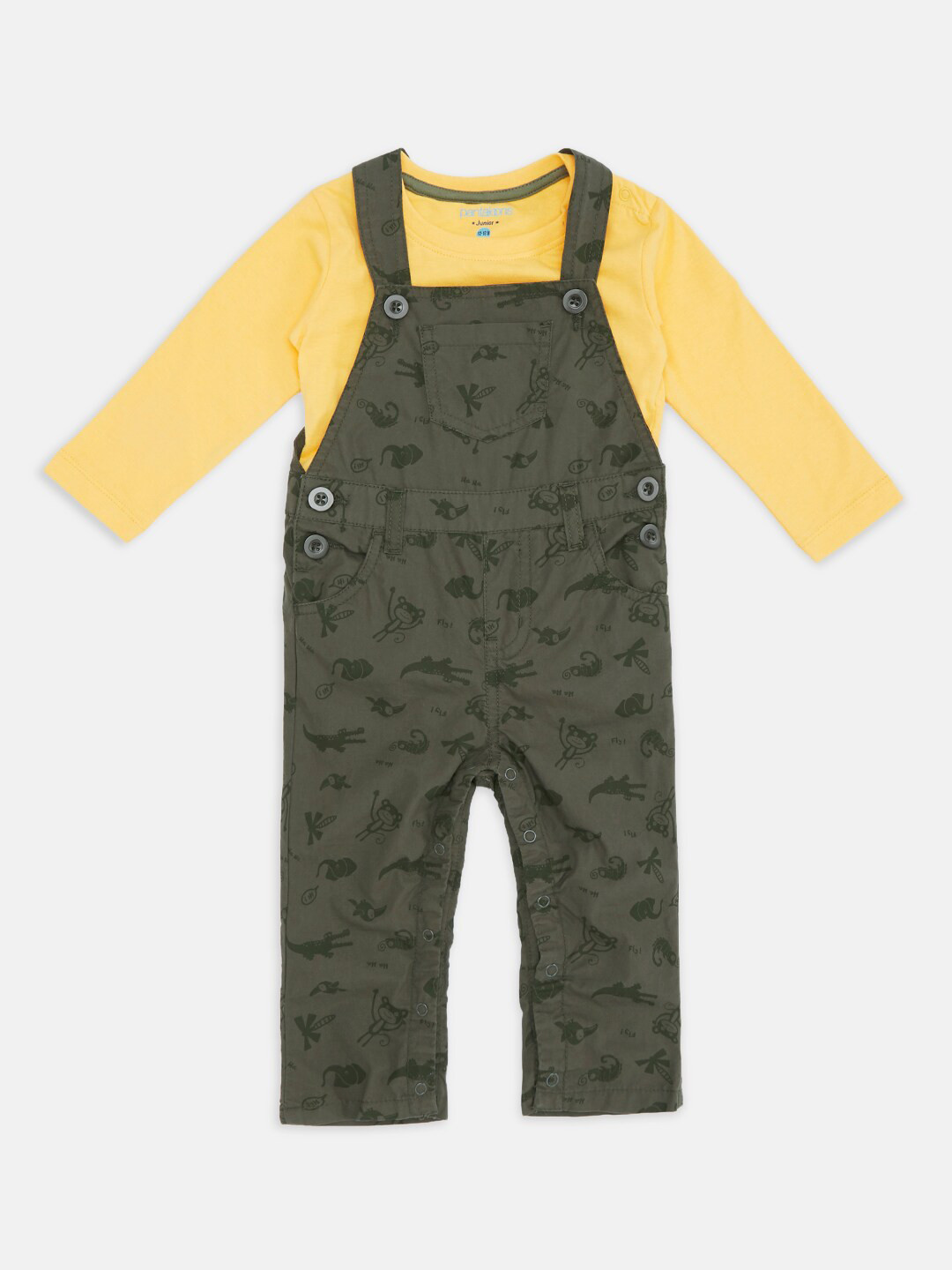 

Pantaloons Baby Boys Olive & Yellow T-shirt with Dungaree