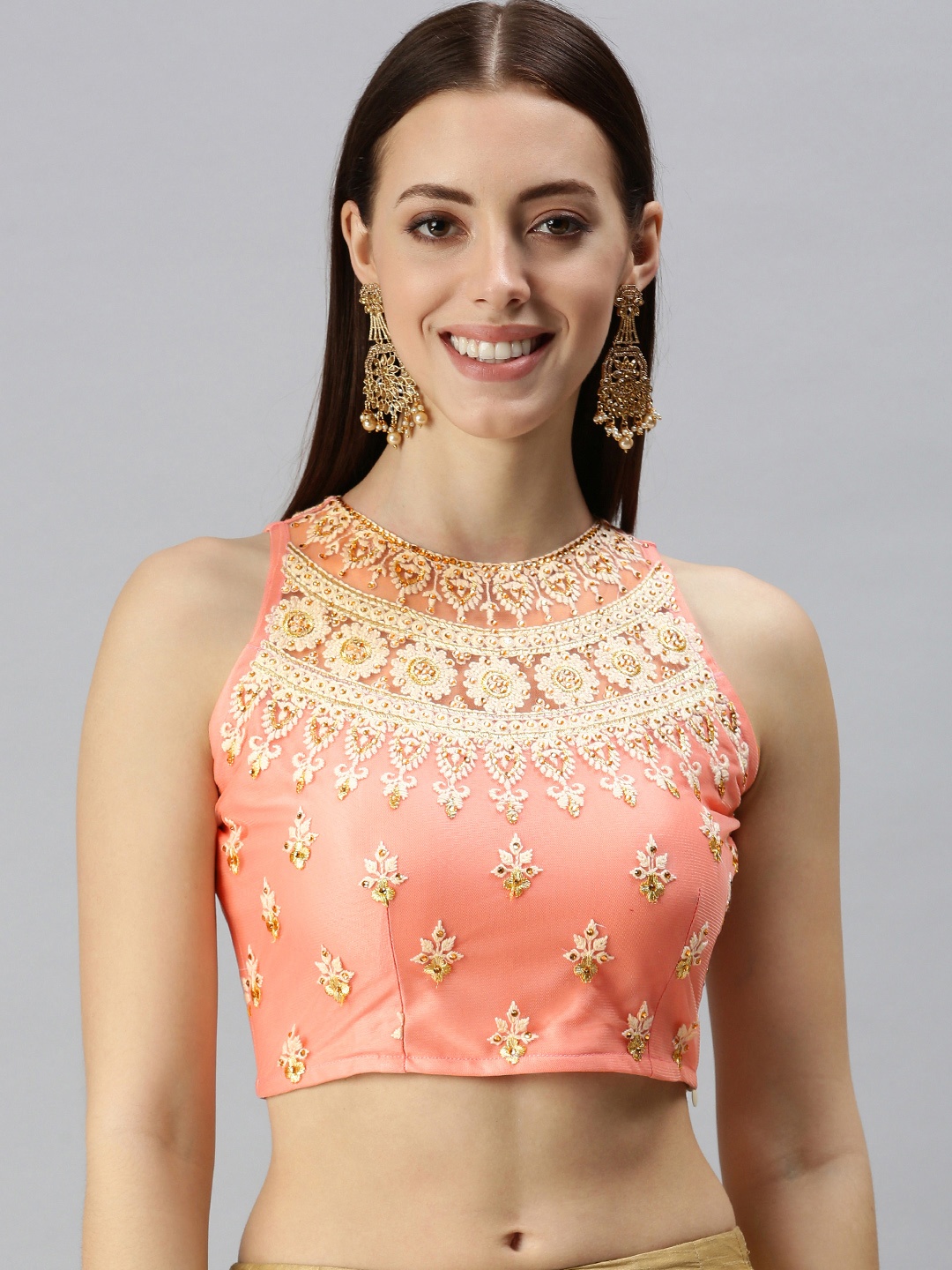 

flaher Women Peach-Coloured & Off-White Embroidered Padded Saree Blouse