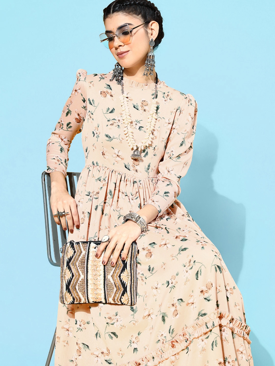 

Inddus Women Peach-Coloured & Green Floral Ethnic Maxi Dress