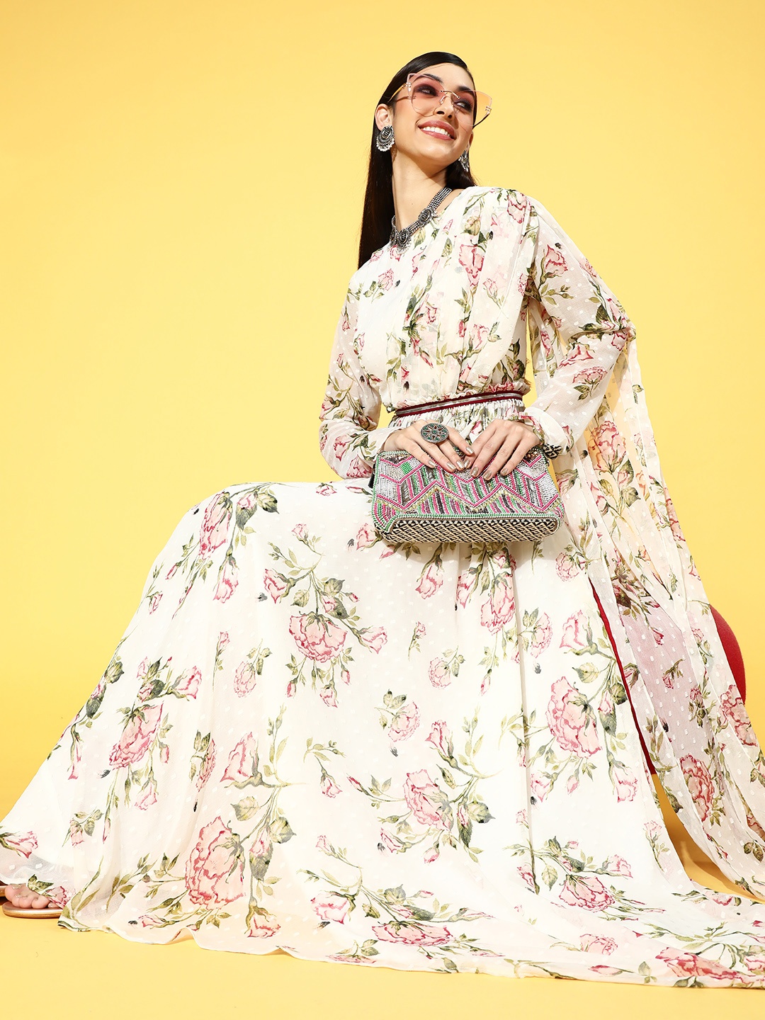 

Inddus Off White & Pink Floral Printed Chiffon Ethnic Maxi Draped Dress