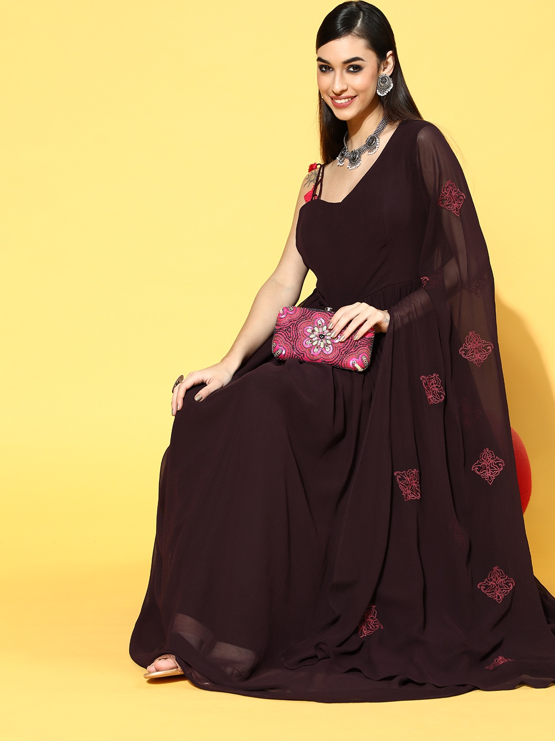 

Inddus Brown Solid Ethnic Maxi Draped Dress