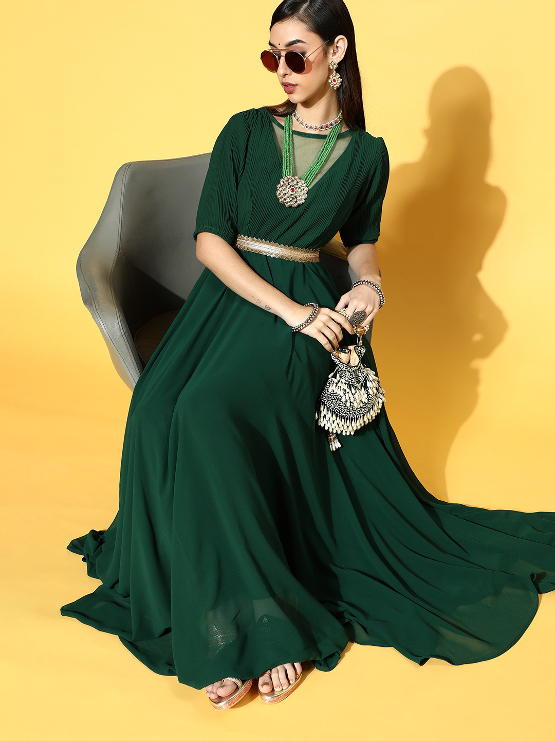 

Inddus Gorgeous Green Self-Design Festive Gown Dress
