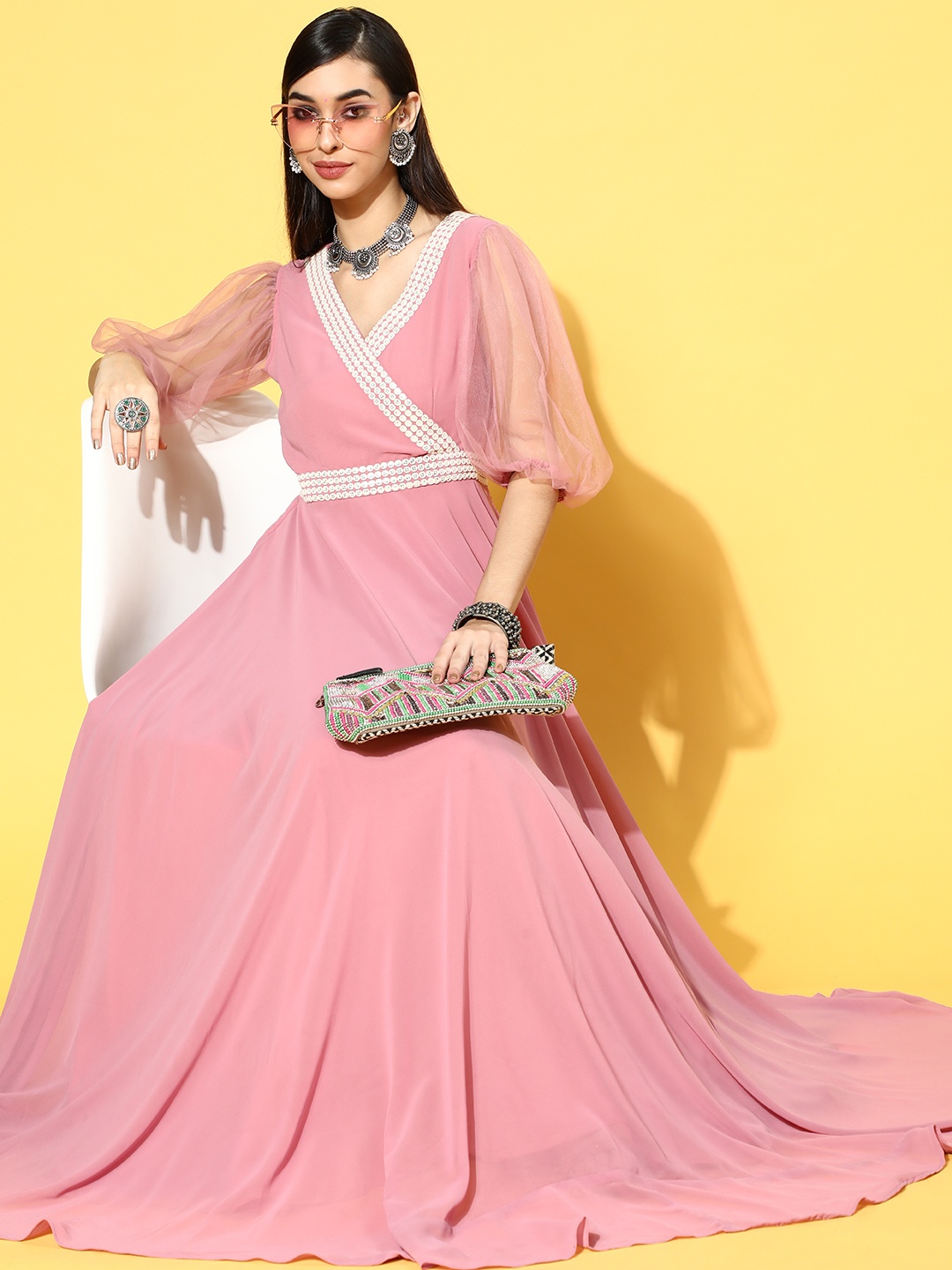 

Inddus Pink Solid Georgette Maxi Thread Work Dress