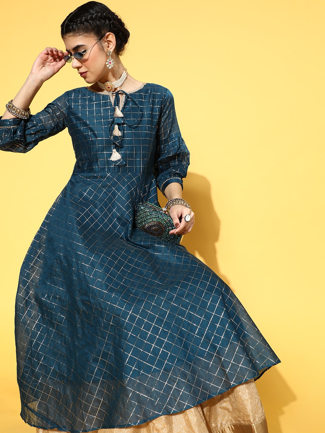 

Inddus Women Teal Green & Golden Checked Gotta Patti Kurta