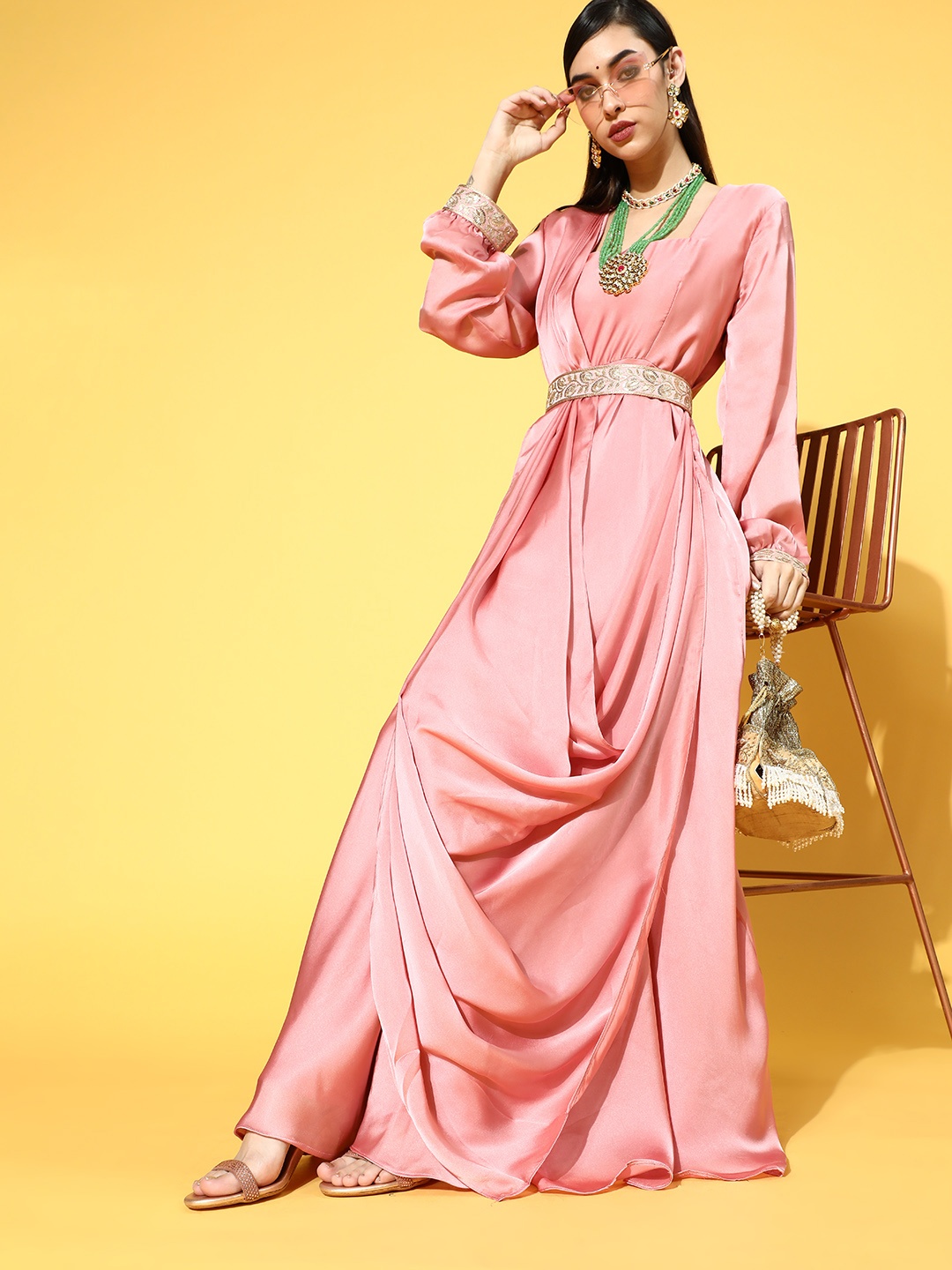 

Women pink solid satin maxi dress with draped dupatta and embroidered belt