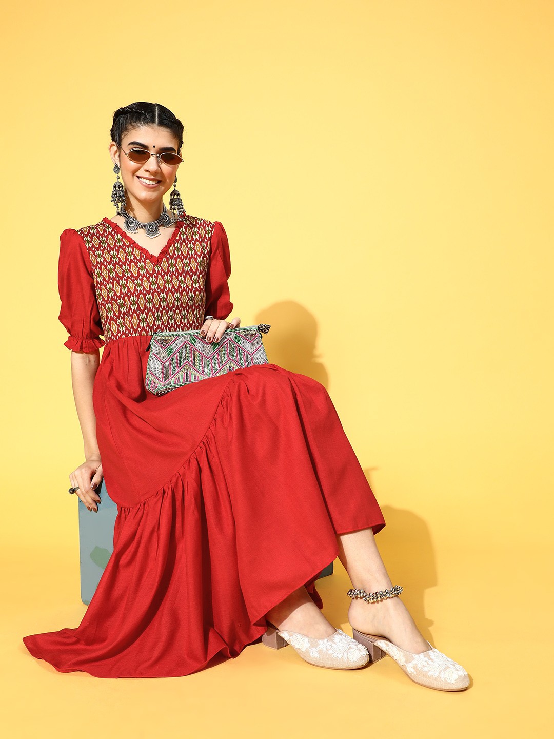 

Inddus Red Ethnic Motifs Tiered Dress