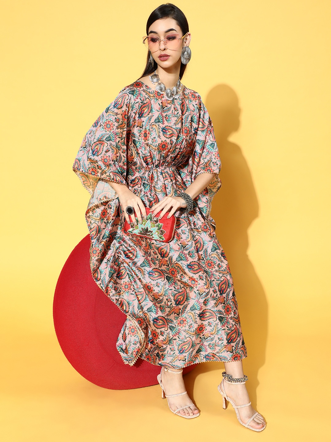 

Inddus Pink & Blue Ethnic Printed Satin Kaftan Midi Dress