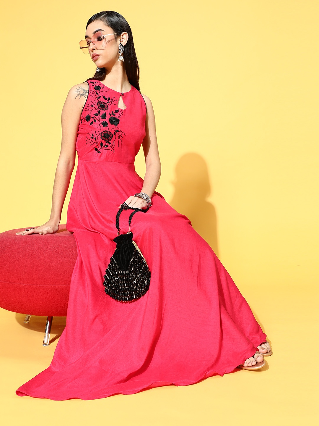 

Inddus Women Pink Floral Embroidered Keyhole Neck Ethnic Maxi Dress