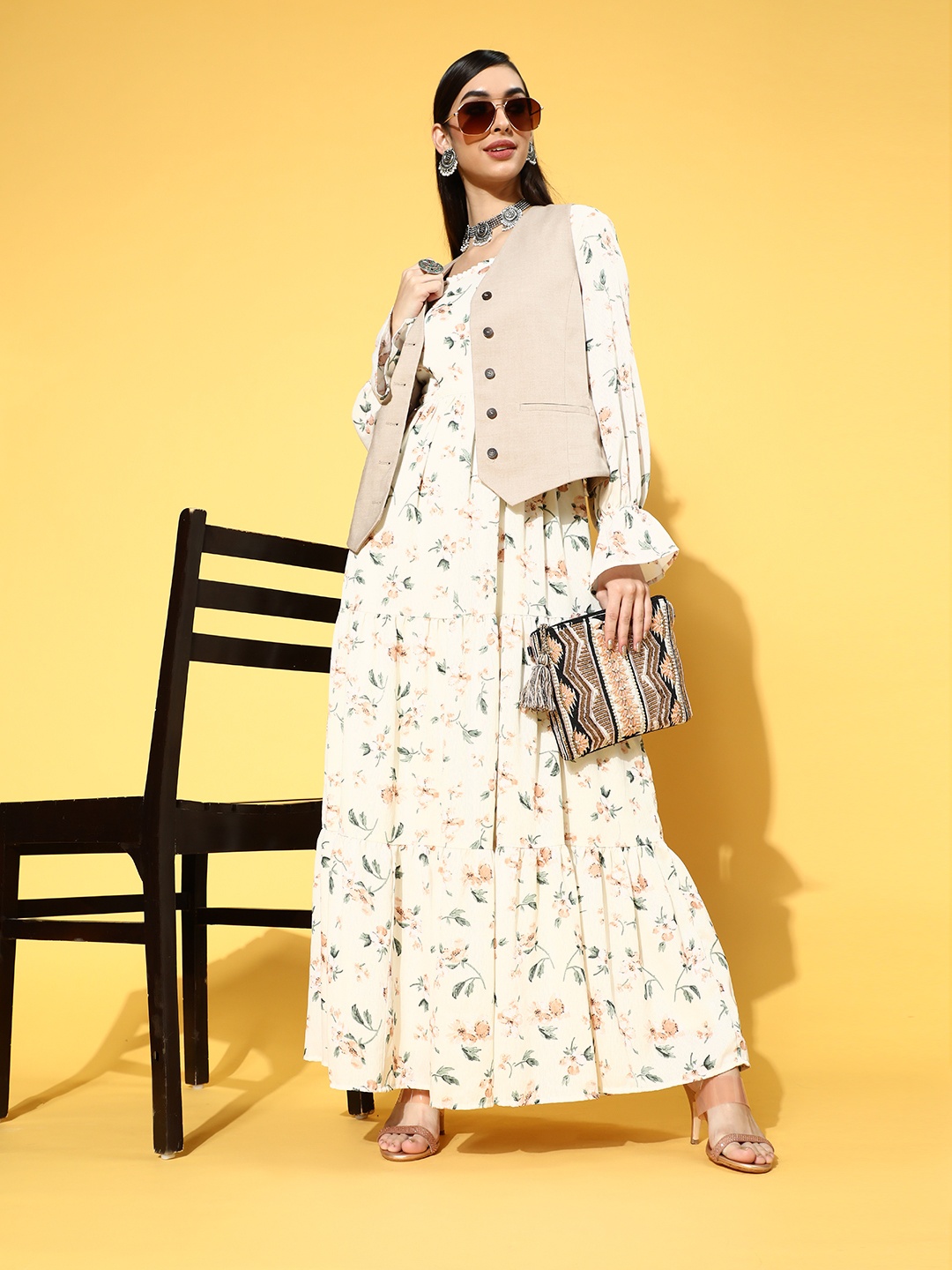 

Women Cream and Green Floral Printed Tiered Maxi Dress
