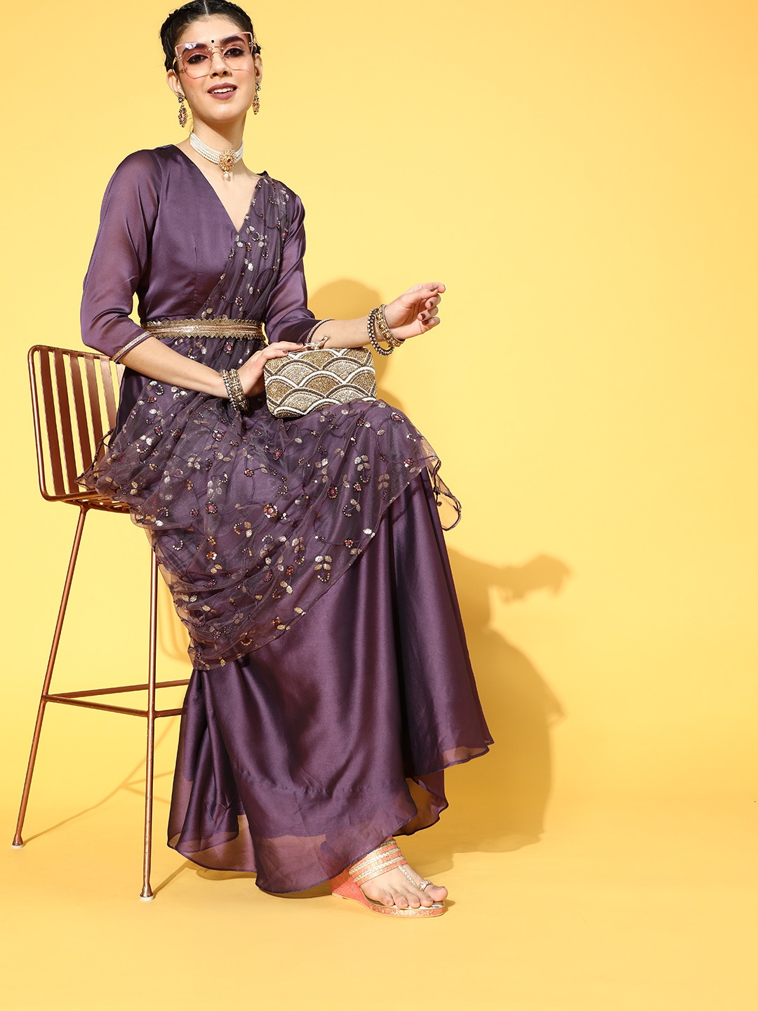 

Inddus Purple Solid Ethnic Maxi Draped Dress