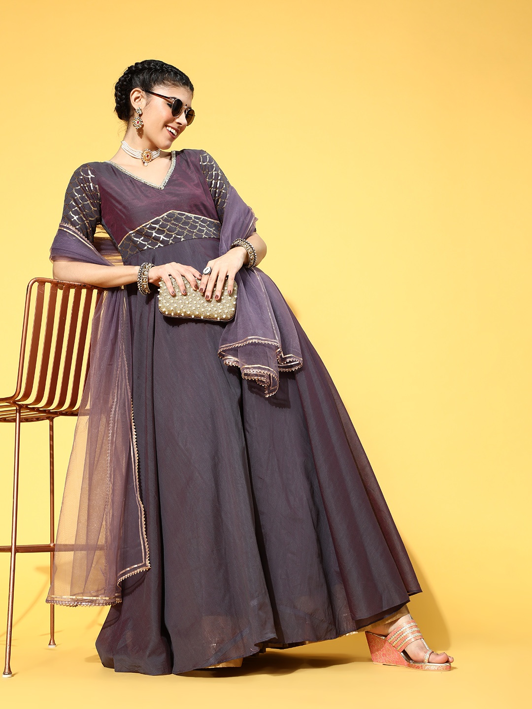 

Inddus Women Purple Yoke Design Anarkali Kurta With Dupatta