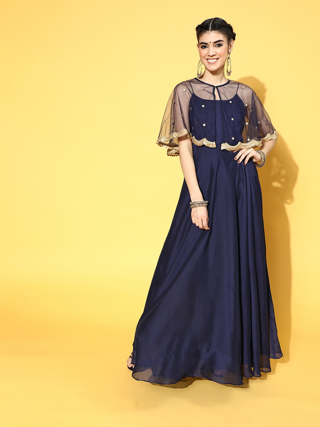 

Inddus Navy Blue Solid Layered Ethnic Maxi Dress With Embroidered Net Cape