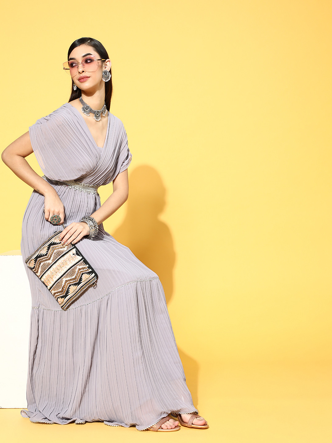 

Inddus Lavender Solid Accordion Pleated Georgette Maxi Dress