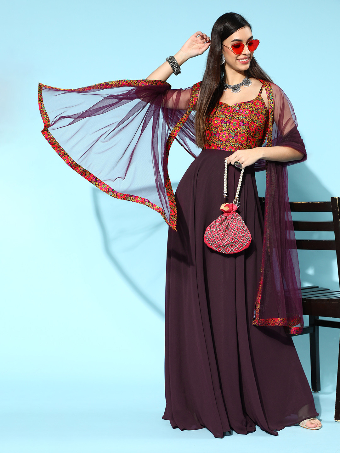 

Inddus Women Pink & Red Ethnic Yoke Design Anarkali Kurta With Dupatta
