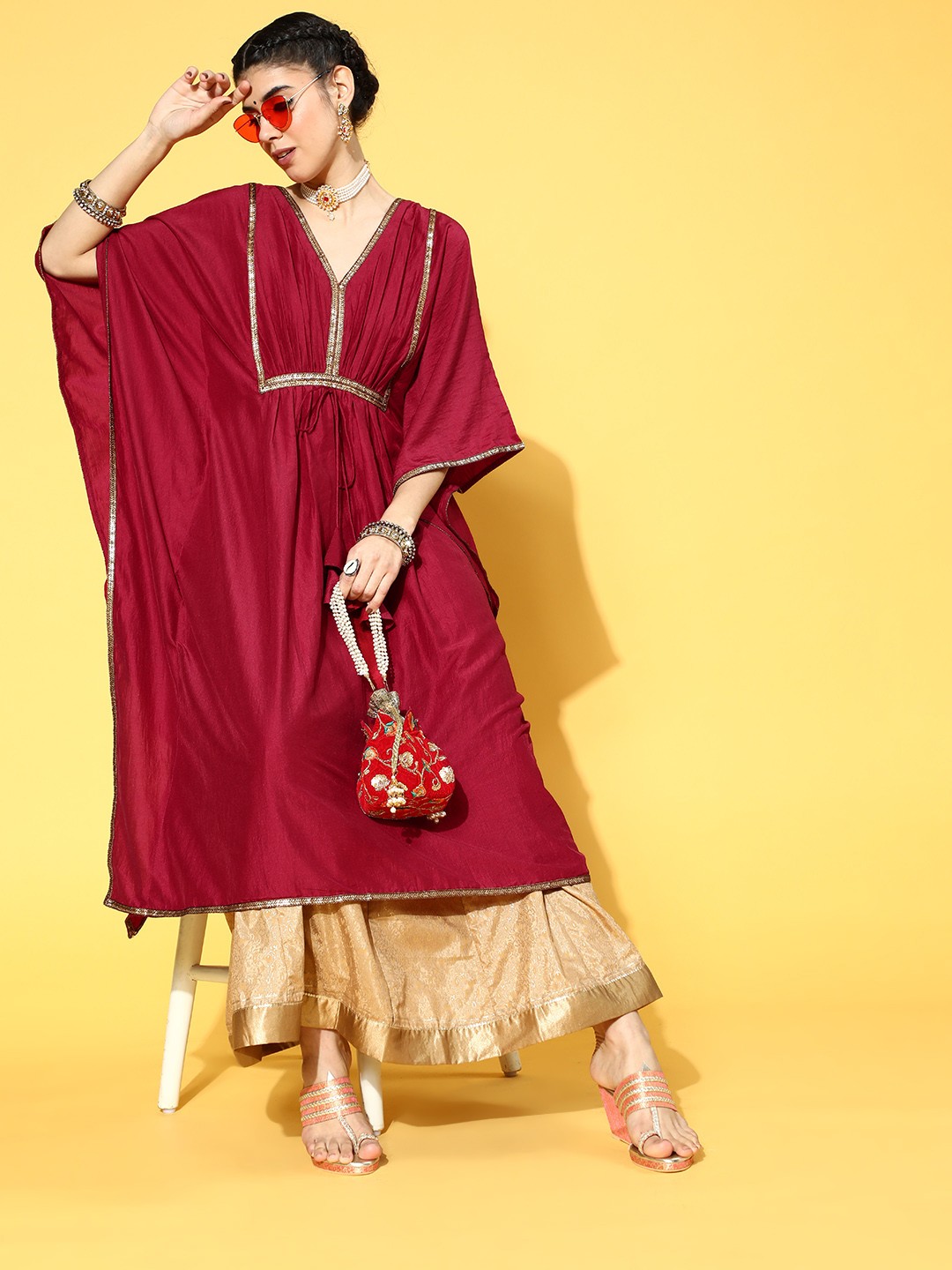 

Inddus Women Maroon Solid Gotta Patti Kaftan Kurta