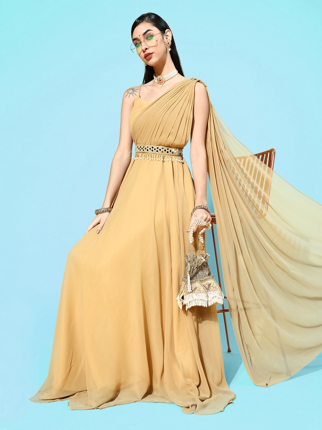 

Inddus Women Mustard Yellow Ethnic Maxi Dress