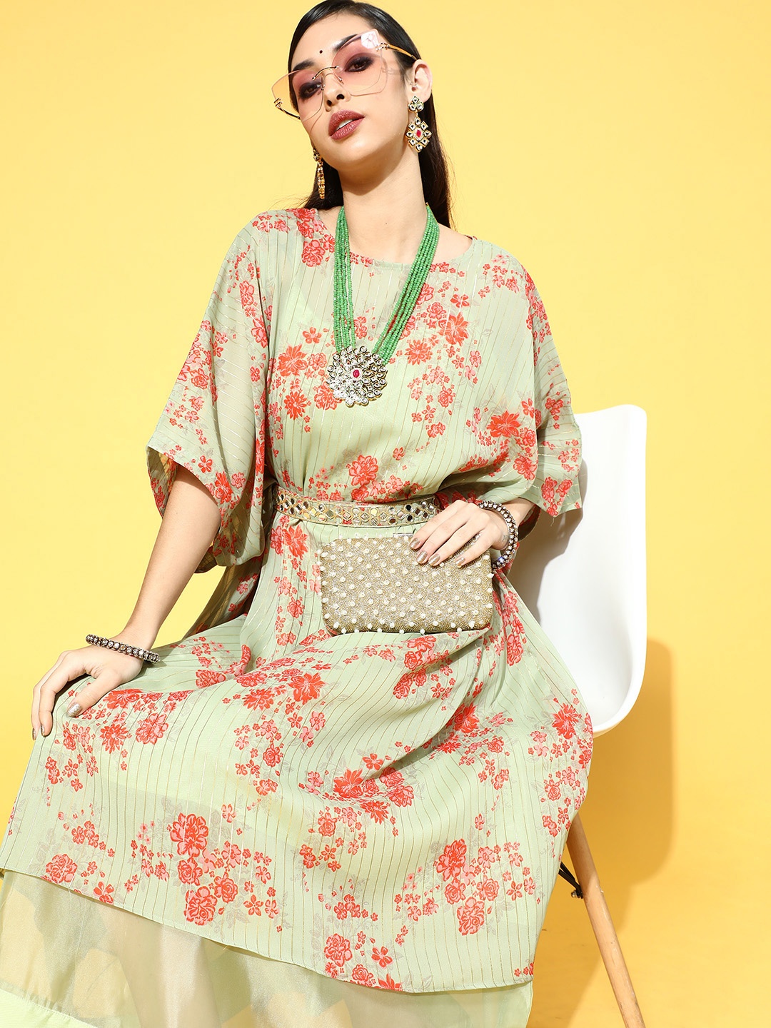 

Inddus Women Green & Red Floral Ethnic Kaftan Midi Dress
