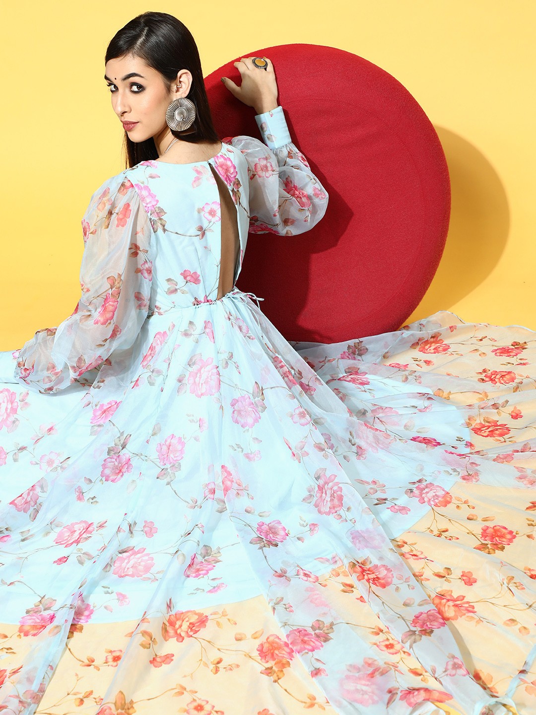 

Inddus Blue & Pink Floral Printed Maxi Dress