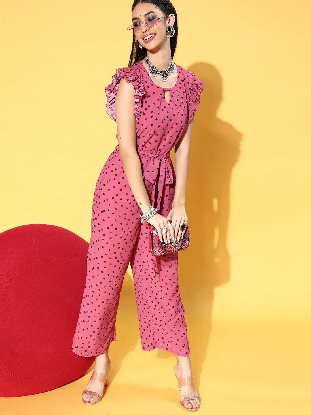 ZIYAA Women Pretty Pink Printed Polka-Dotted Jumpsuit