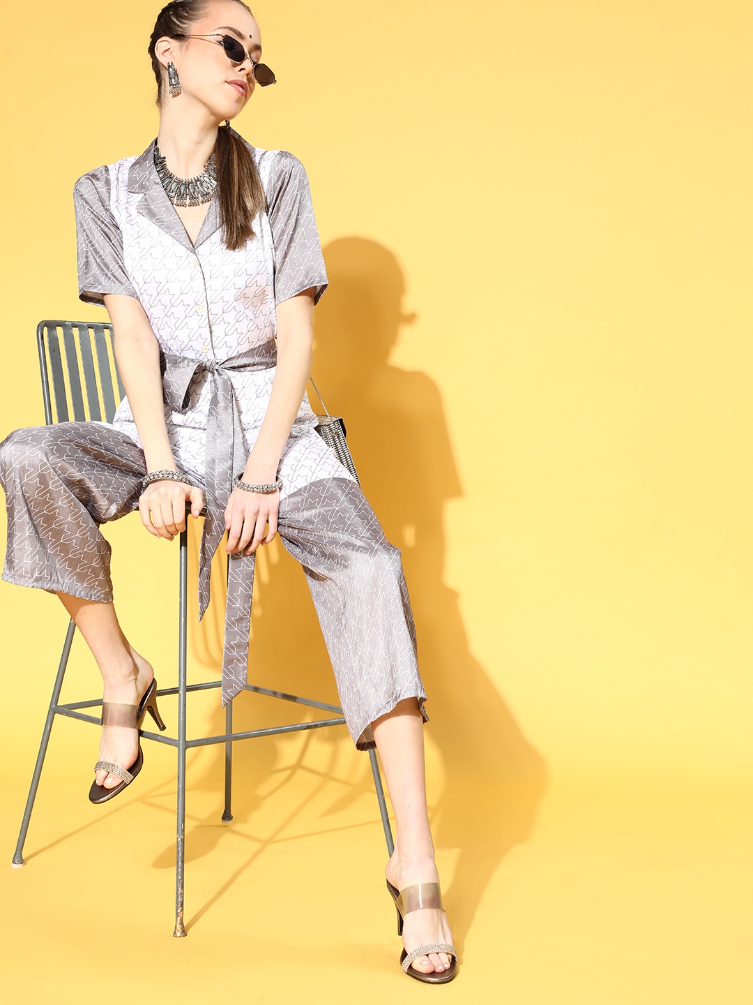

ZIYAA Women Classic White Printed Cinched Waist Jumpsuit