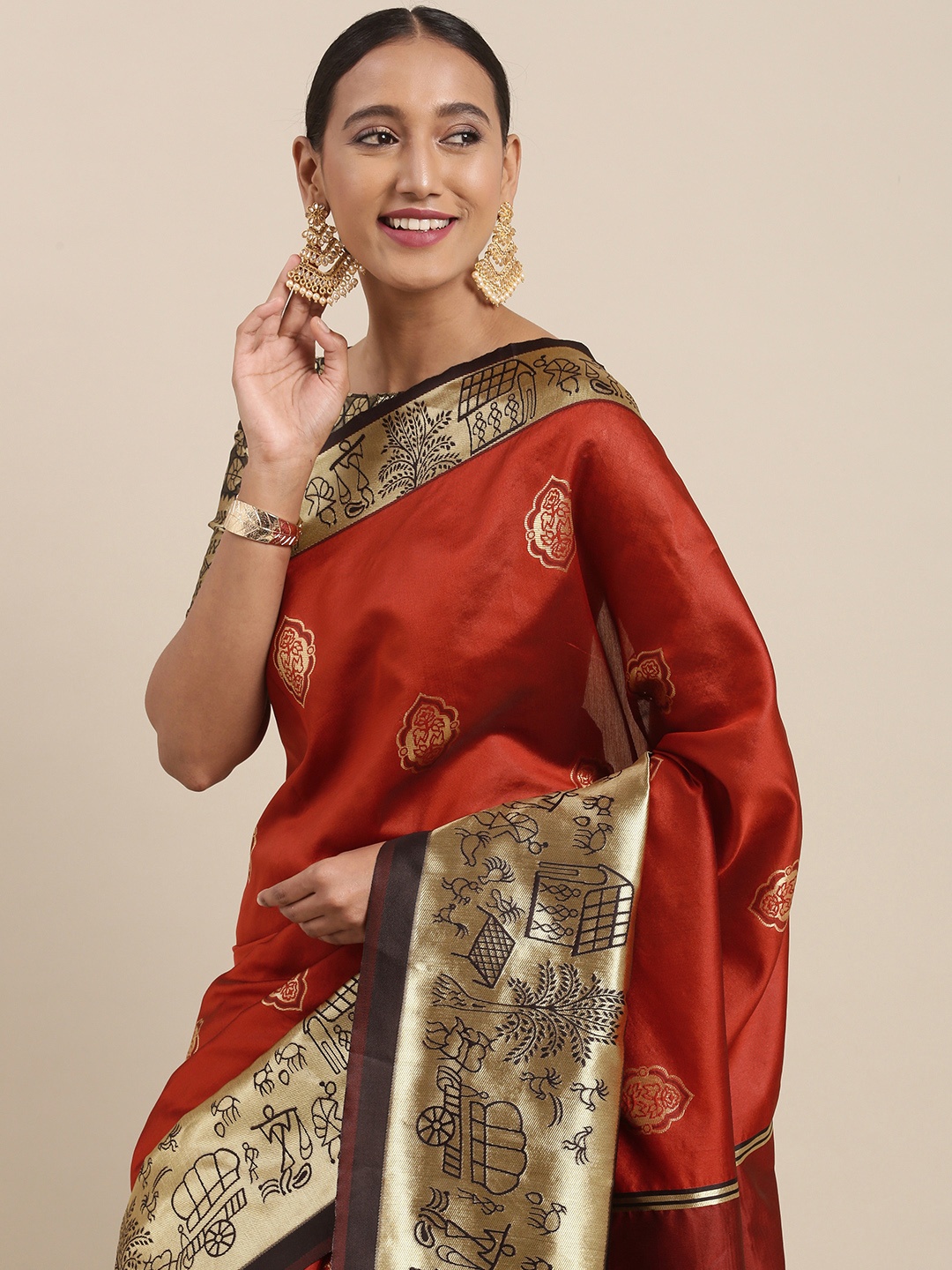 

Mitera Maroon & Golden Ethnic Motifs Woven Design Saree