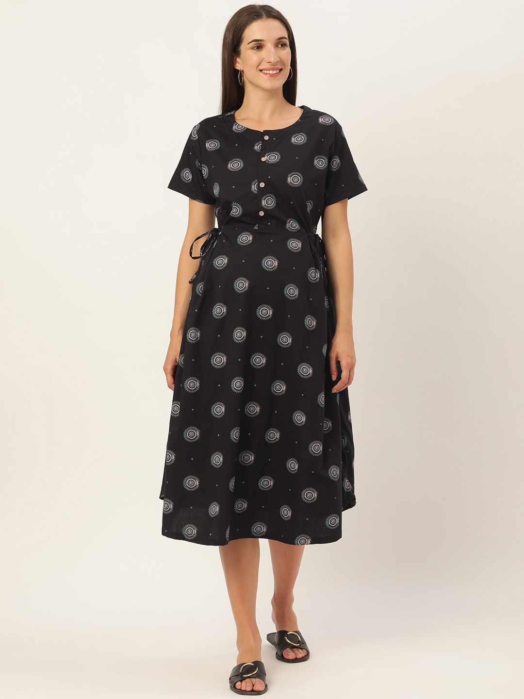 

Nejo Black & Blue Ethnic Motifs Maternity A-Line Dress