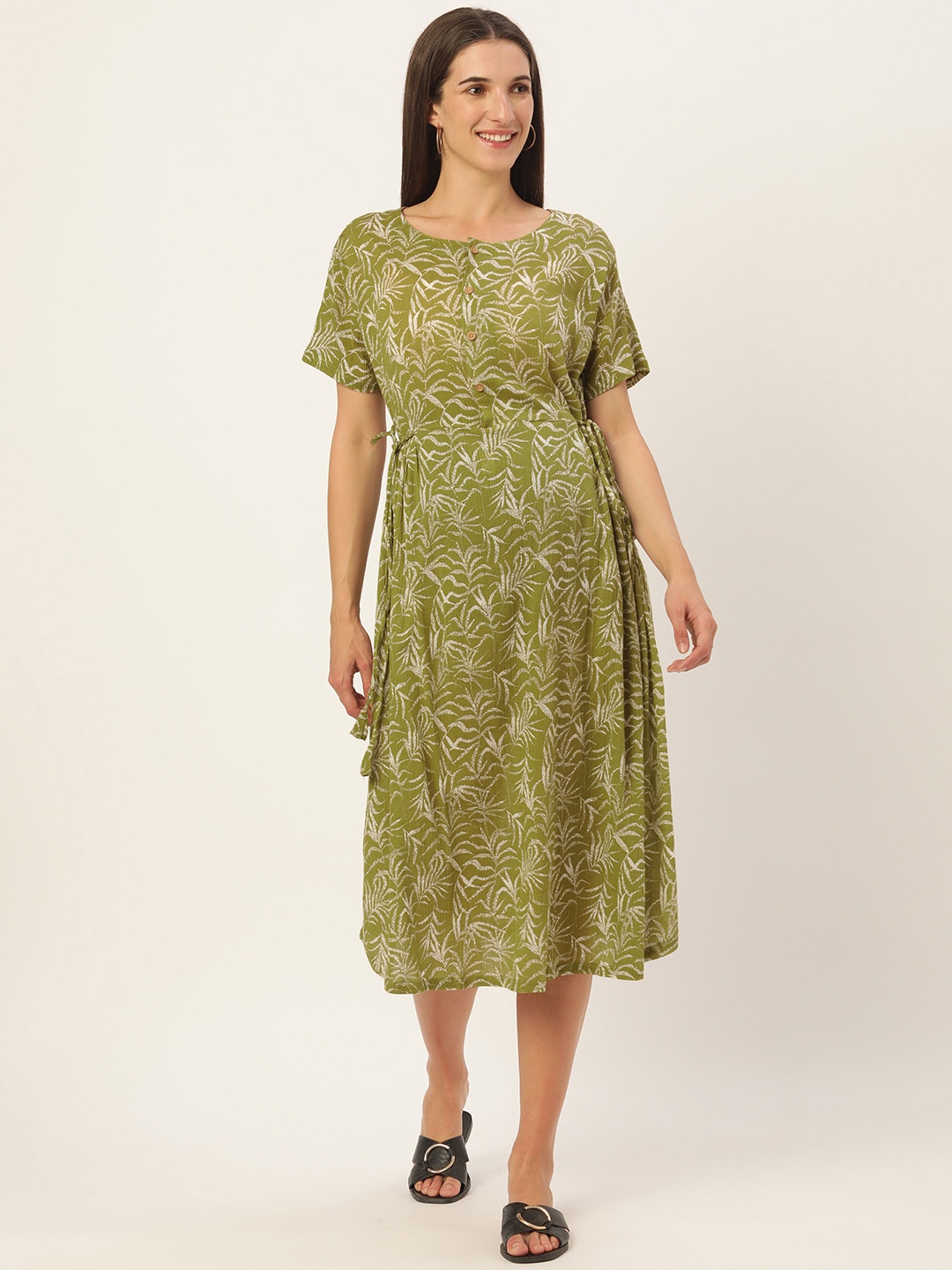 

Nejo Olive Green & Beige Tropical Maternity A-Line Dress