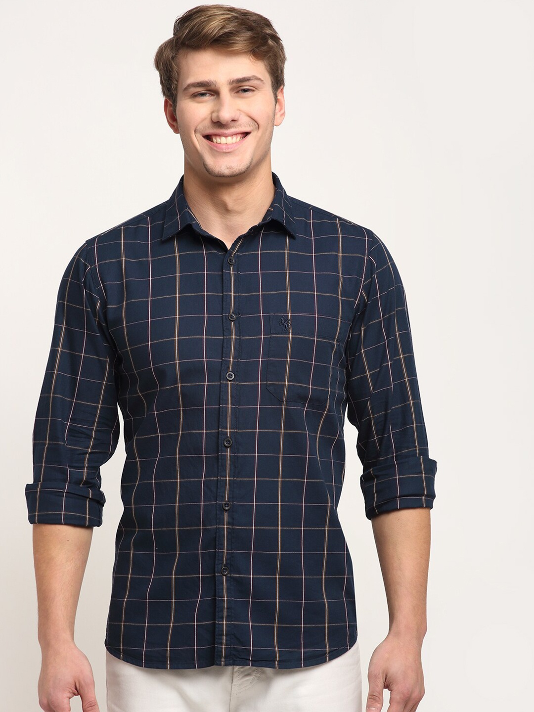

Cantabil Men Navy Blue Original Windowpane Checks Checked Casual Shirt