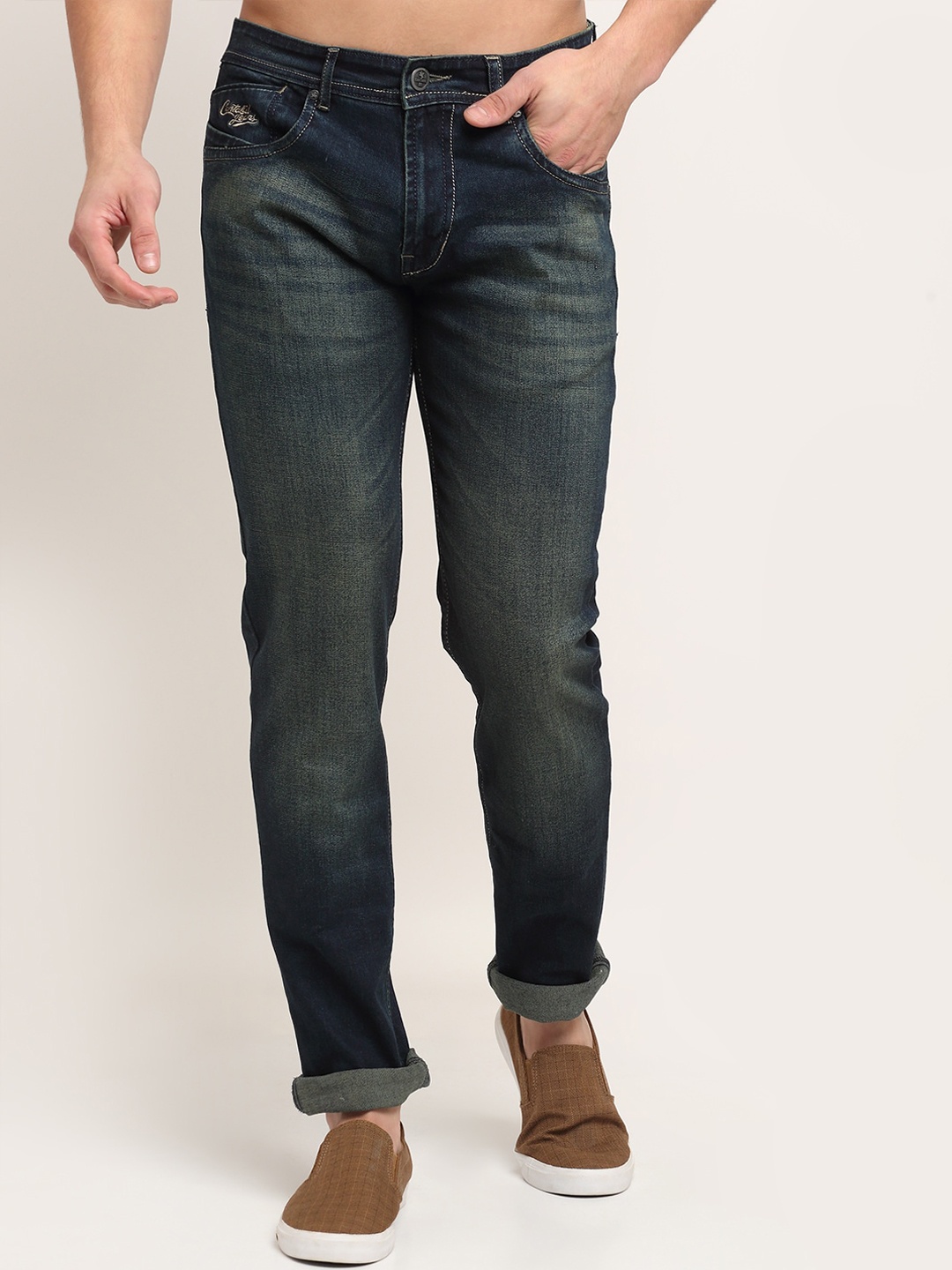 

Cantabil Men Blue & Olive Green Faded Jeans