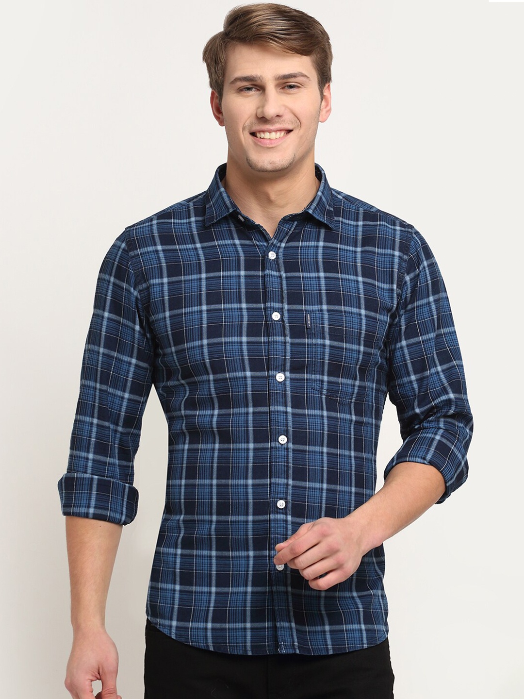 

Cantabil Men Navy Blue Original Tartan Checks Checked Casual Shirt