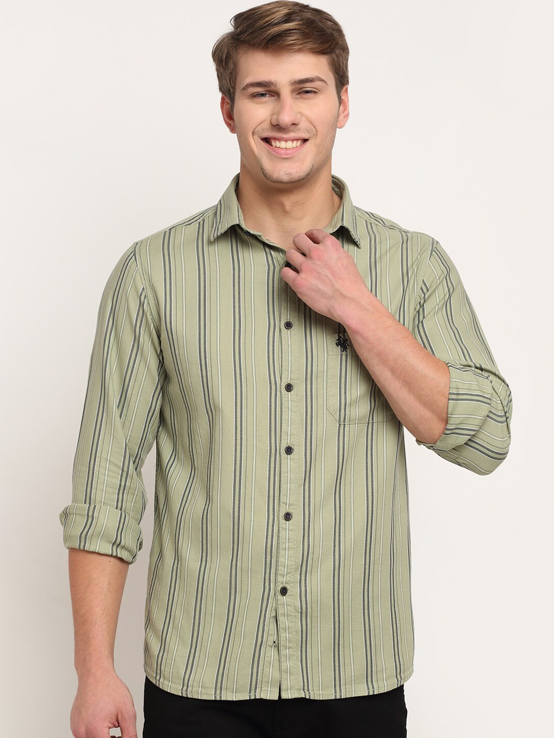 

Cantabil Men Green Original Striped Casual Shirt