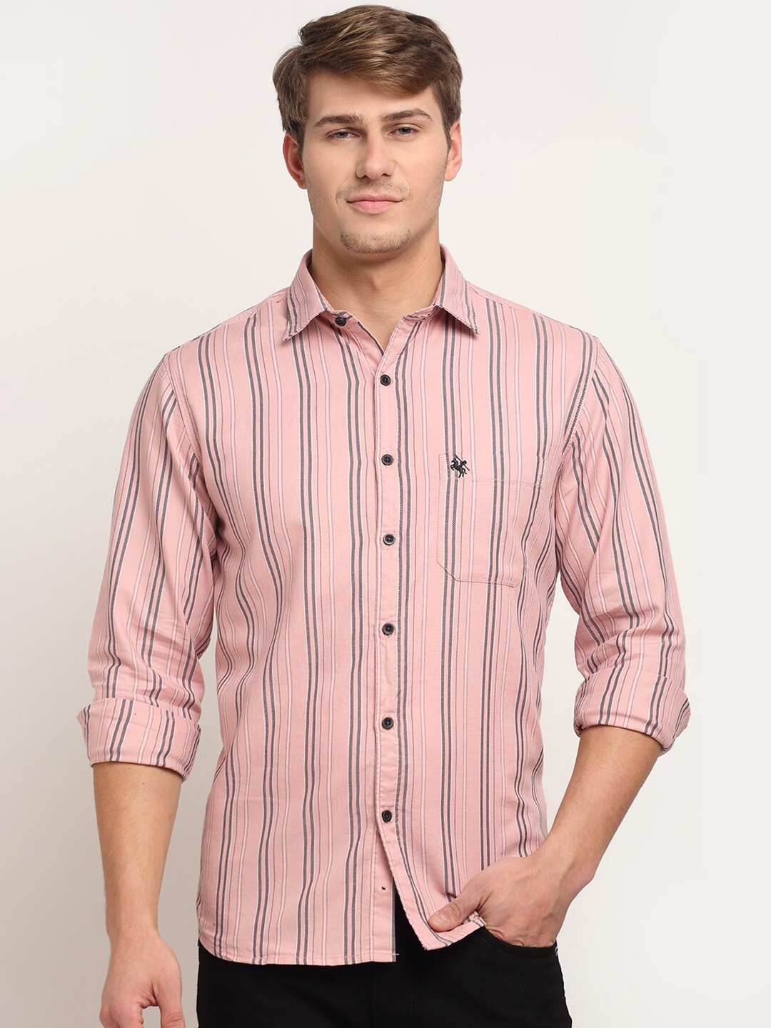 

Cantabil Men Pink Original Striped Pure Cotton Casual Shirt