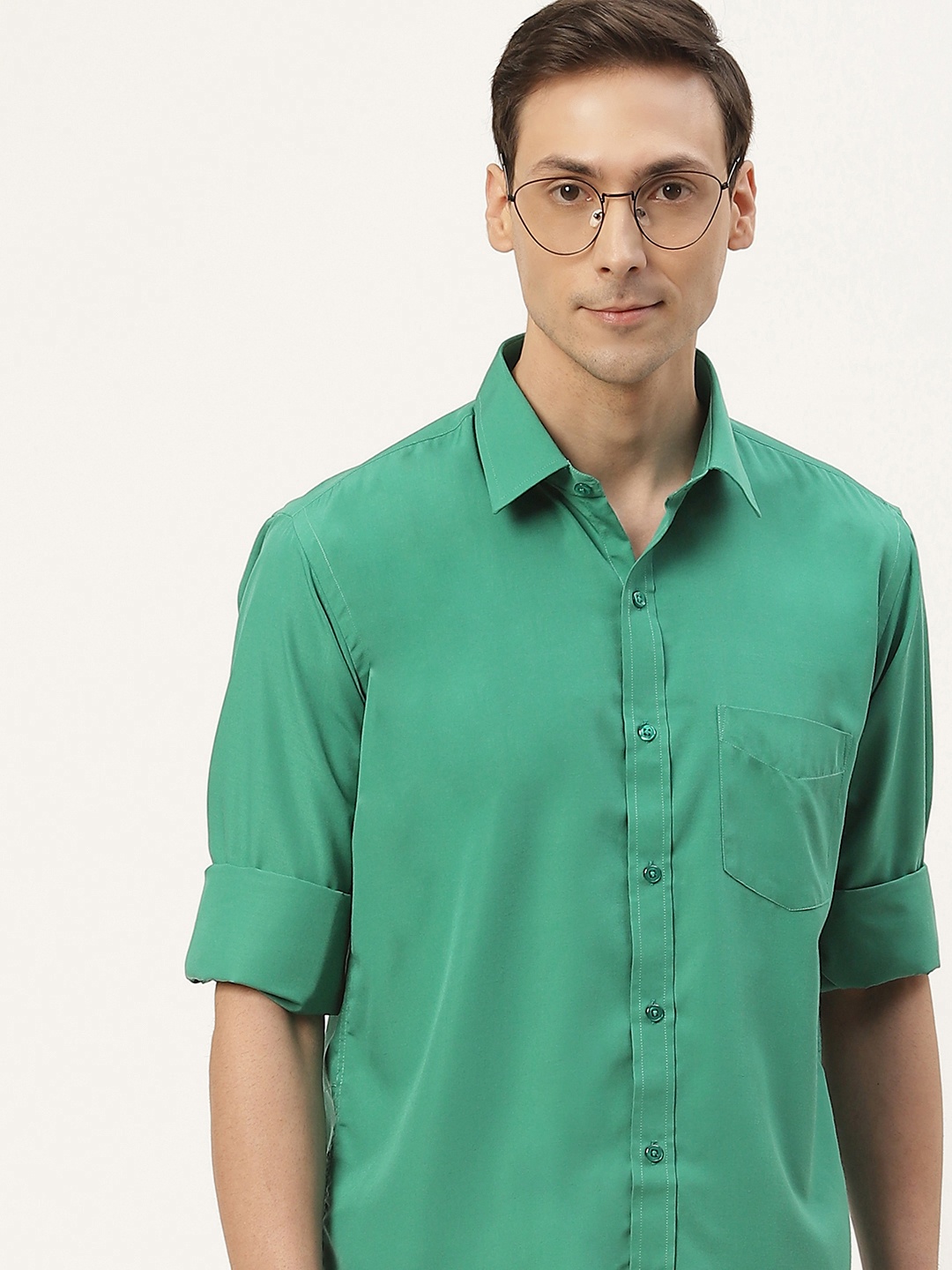 

English Navy Men Green Classic Slim Fit Casual Shirt
