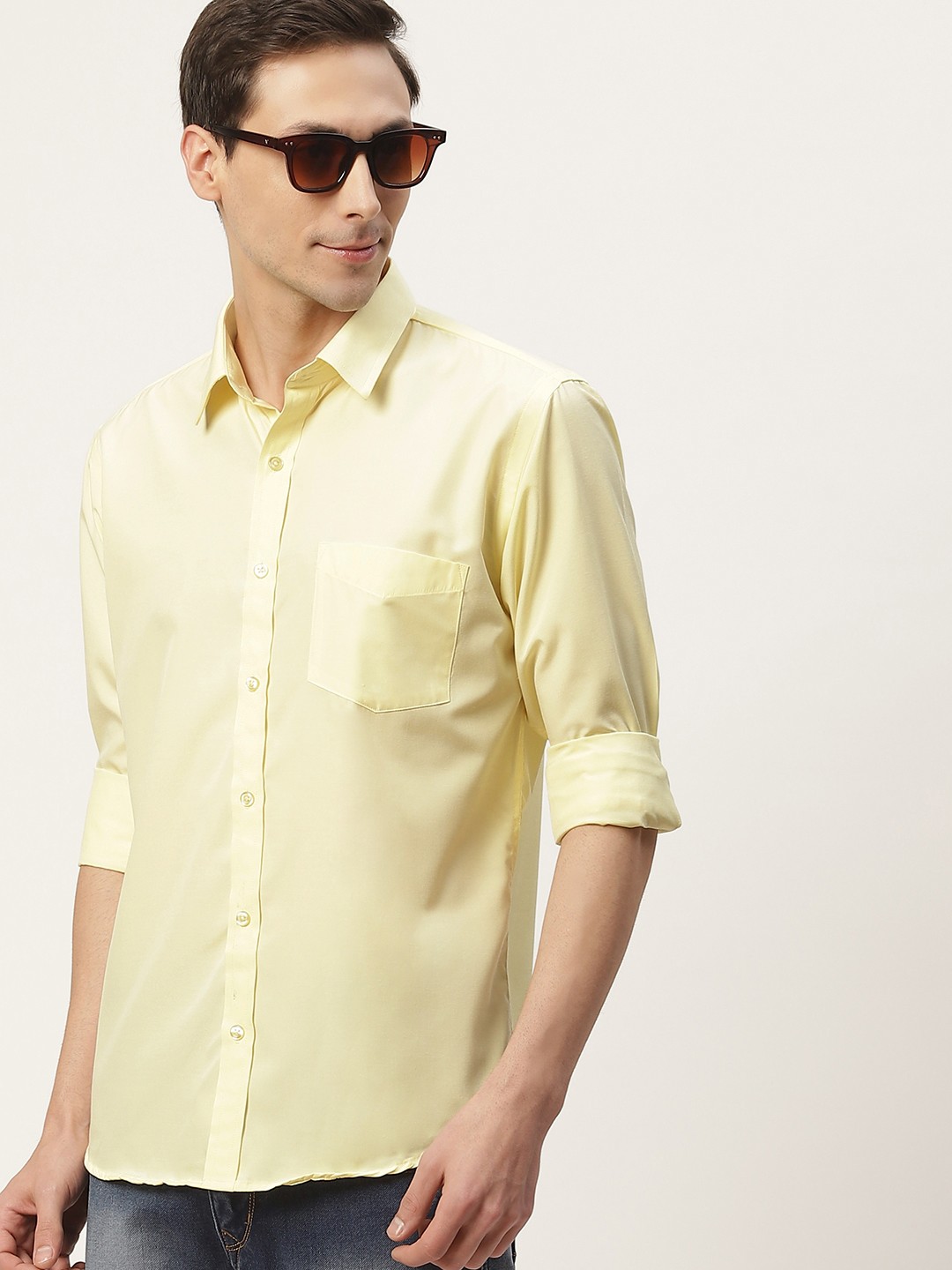 

English Navy Men Yellow Classic Slim Fit Casual Shirt