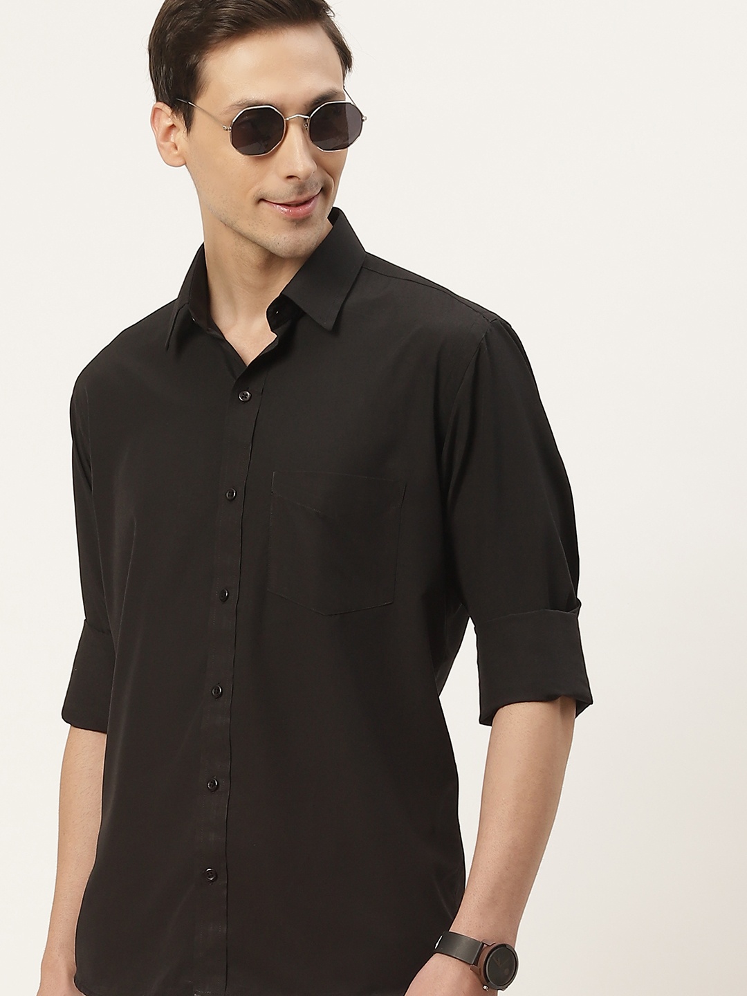 

English Navy Men Black Classic Slim Fit Casual Shirt