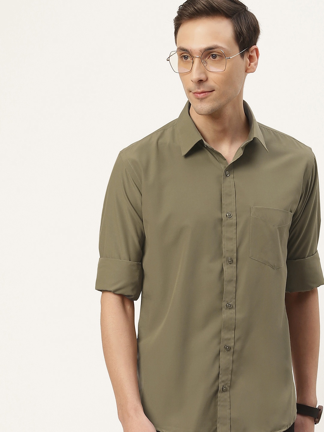 

English Navy Men Olive Green Classic Slim Fit Casual Shirt