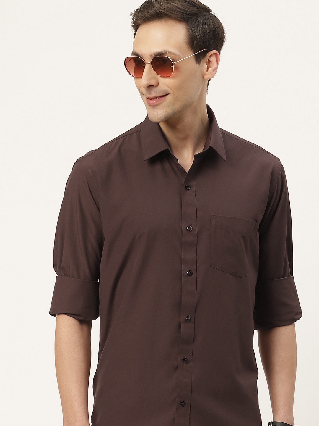 

English Navy Men Brown Classic Slim Fit Casual Shirt