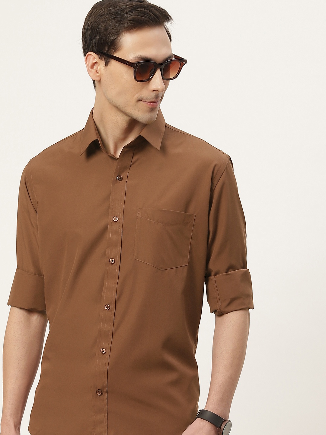 

English Navy Men Coffee Brown Classic Slim Fit Casual Shirt