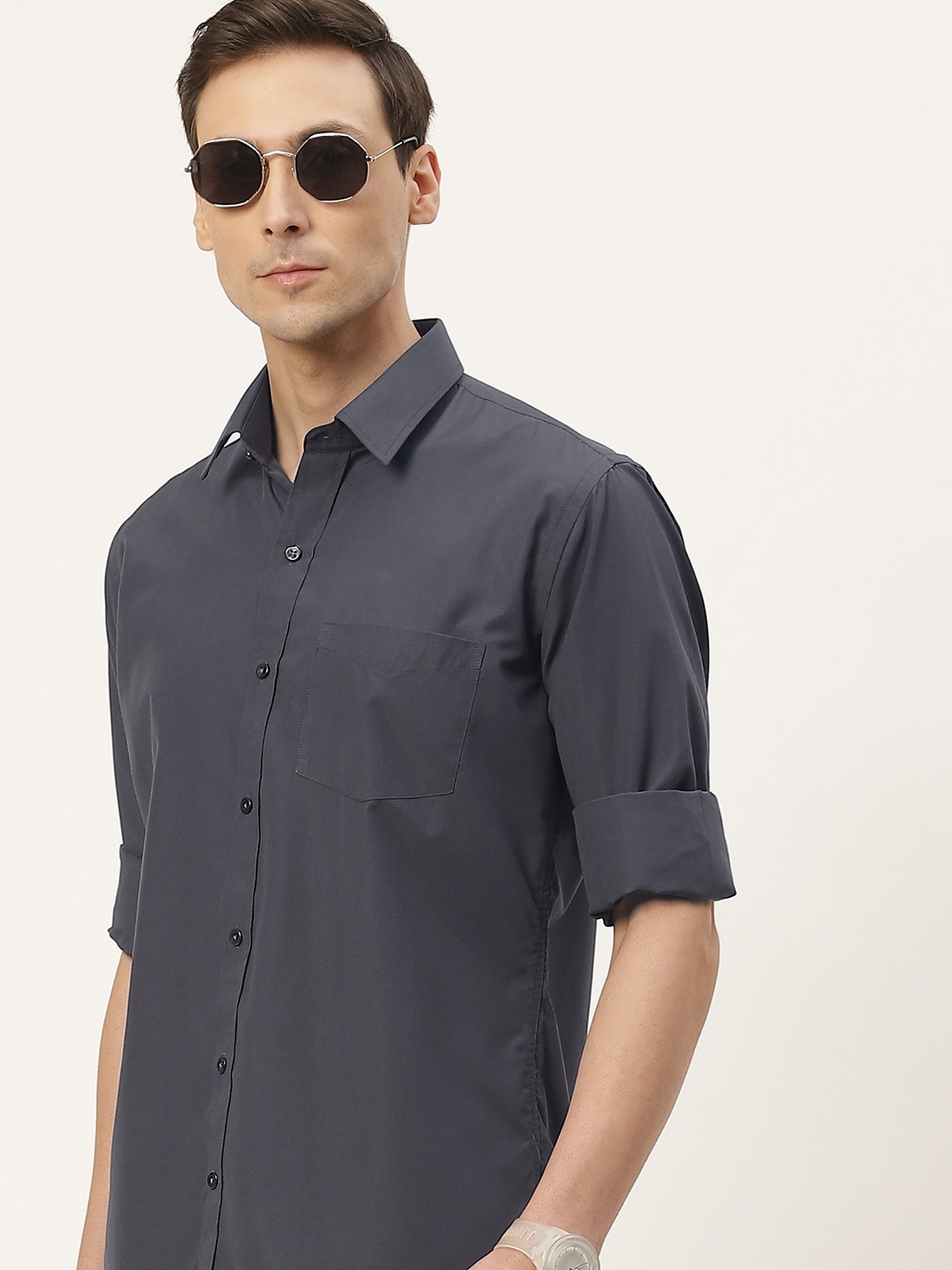 

English Navy Men Grey Classic Slim Fit Casual Shirt