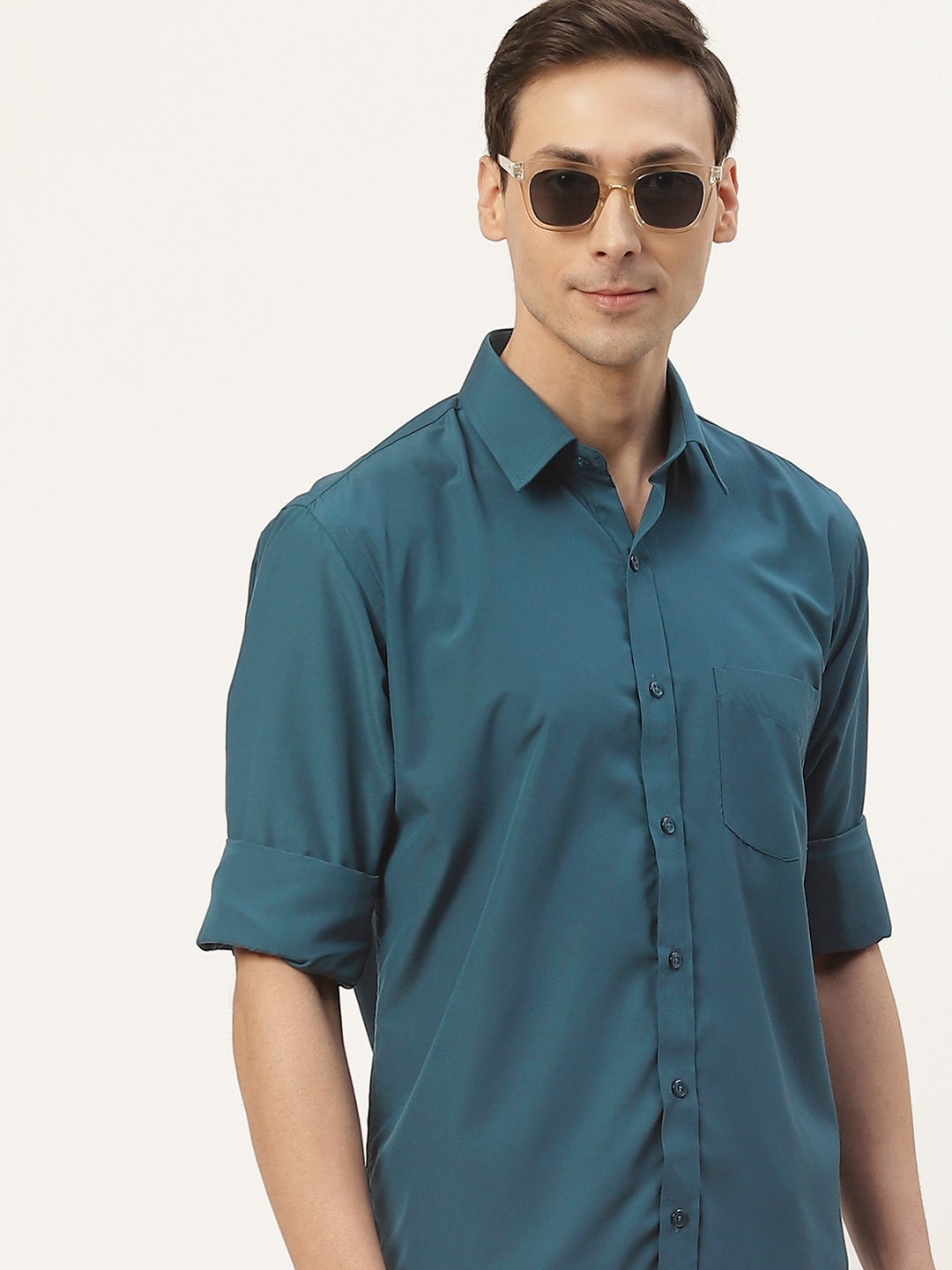 

English Navy Men Turquoise Blue Classic Slim Fit Casual Shirt