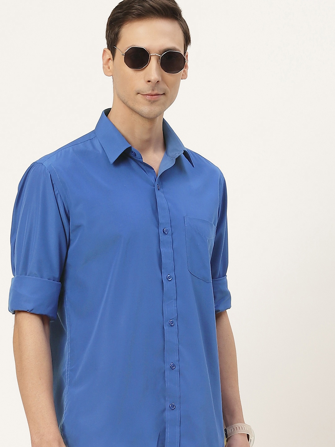 

English Navy Men Blue Classic Slim Fit Casual Shirt