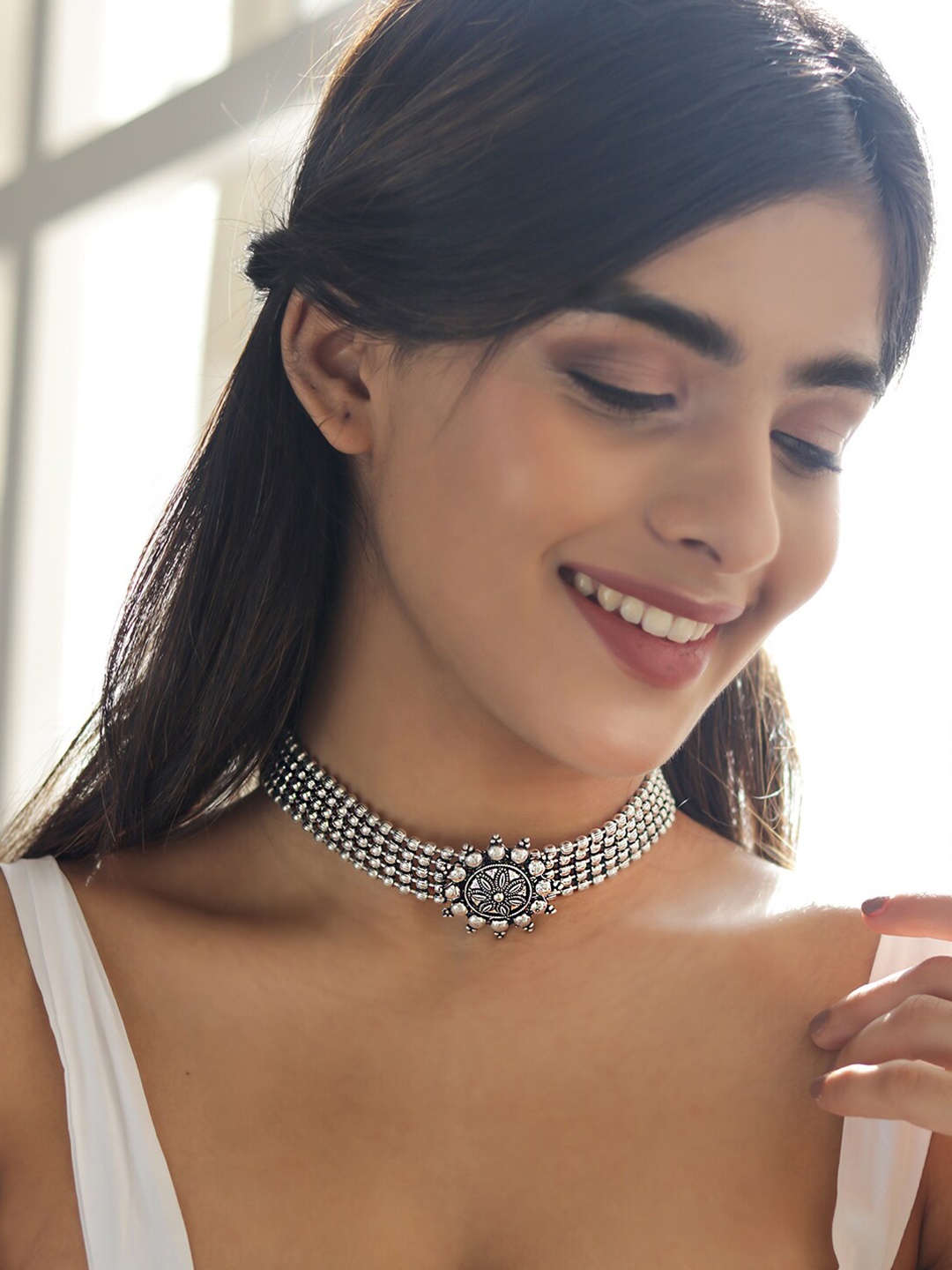 

Fida Women Silver-Plated Oxidised Ethnic Choker Necklace