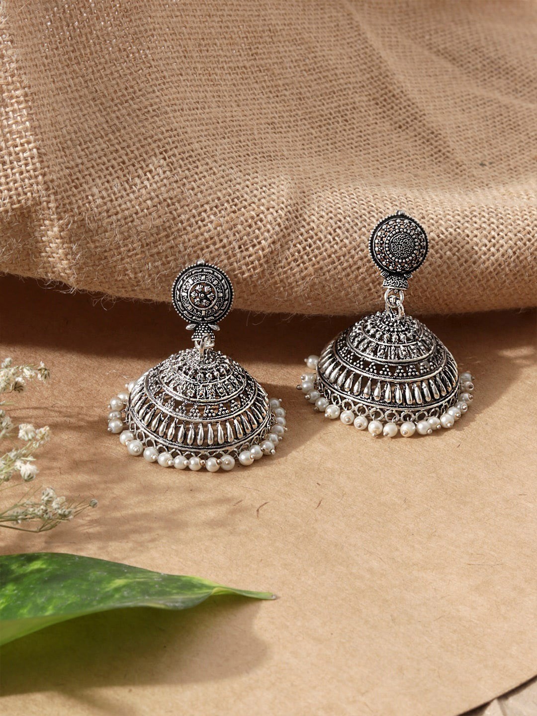 

Fida Silver-Plated & White Dome Shaped Jhumkas