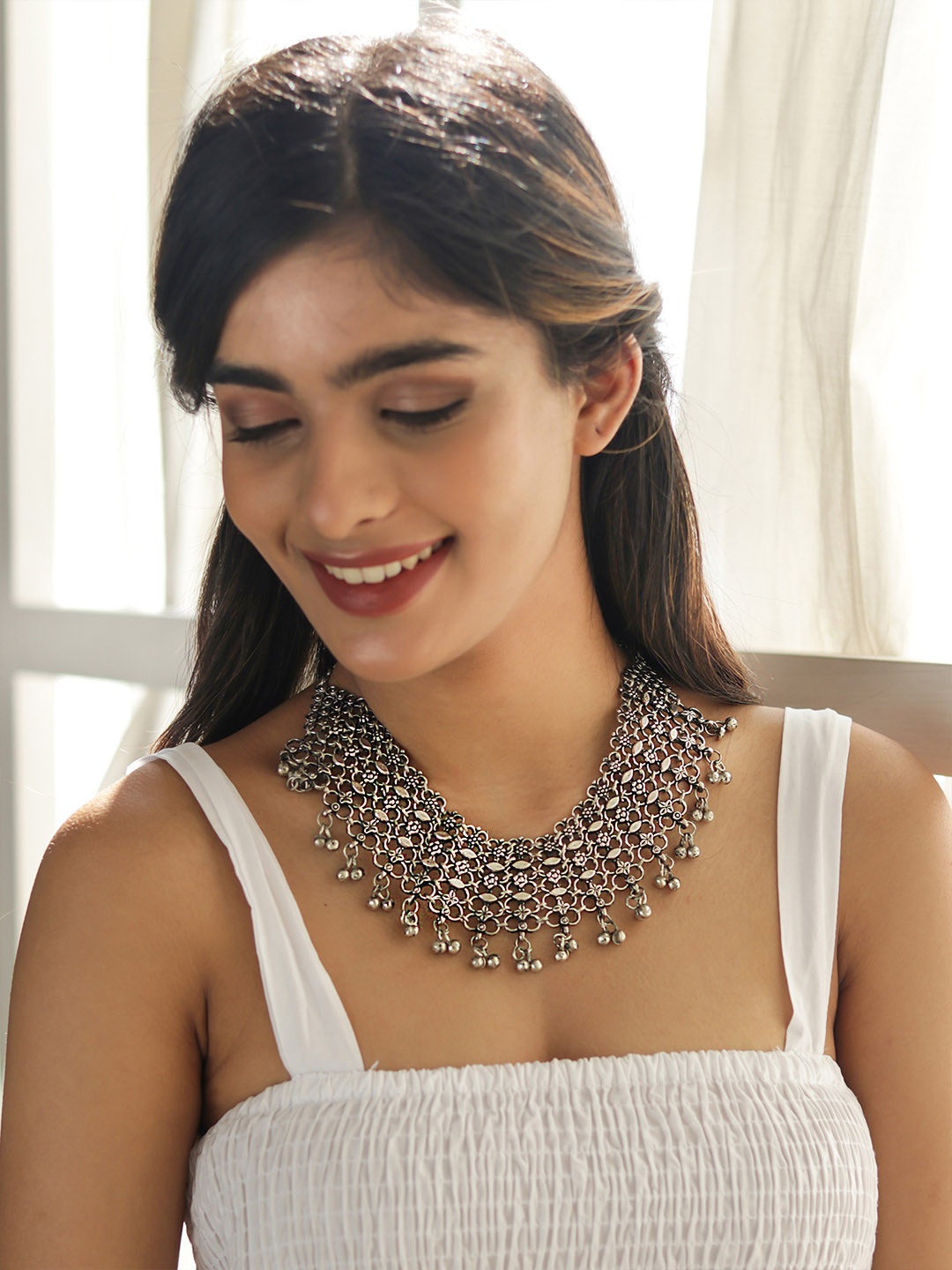 

Fida Silver Plated Traditional Oxidised Tribal Statement Necklace