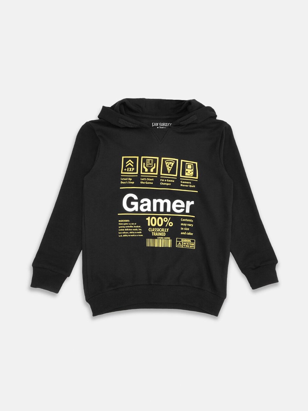 

Pantaloons Junior Kids Boys Black Typography Printed Hooded Cotton Sweatshirt