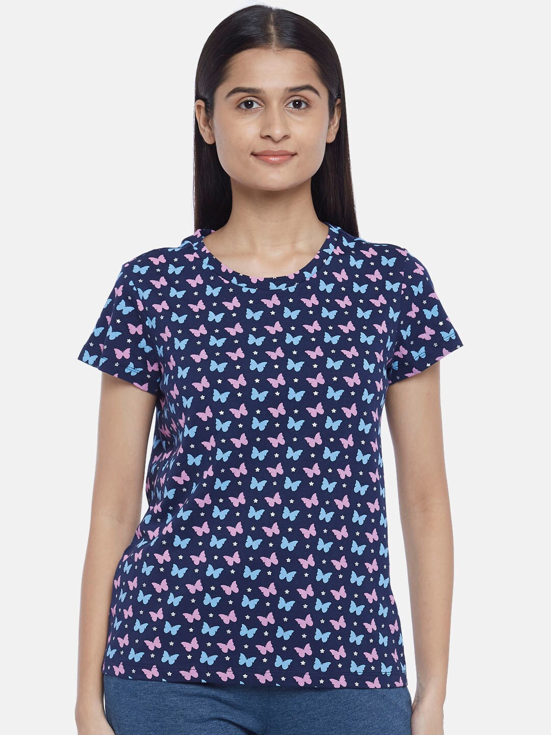 

Dreamz by Pantaloons Women Navy Blue & Pink Print Pure Cotton Lounge T-shirt