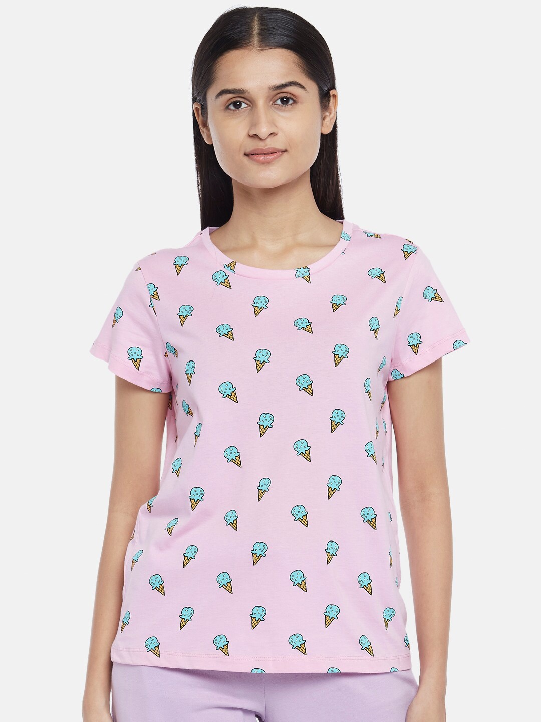 

Dreamz by Pantaloons Women Pink & Green Print Pure Cotton Lounge T-shirt