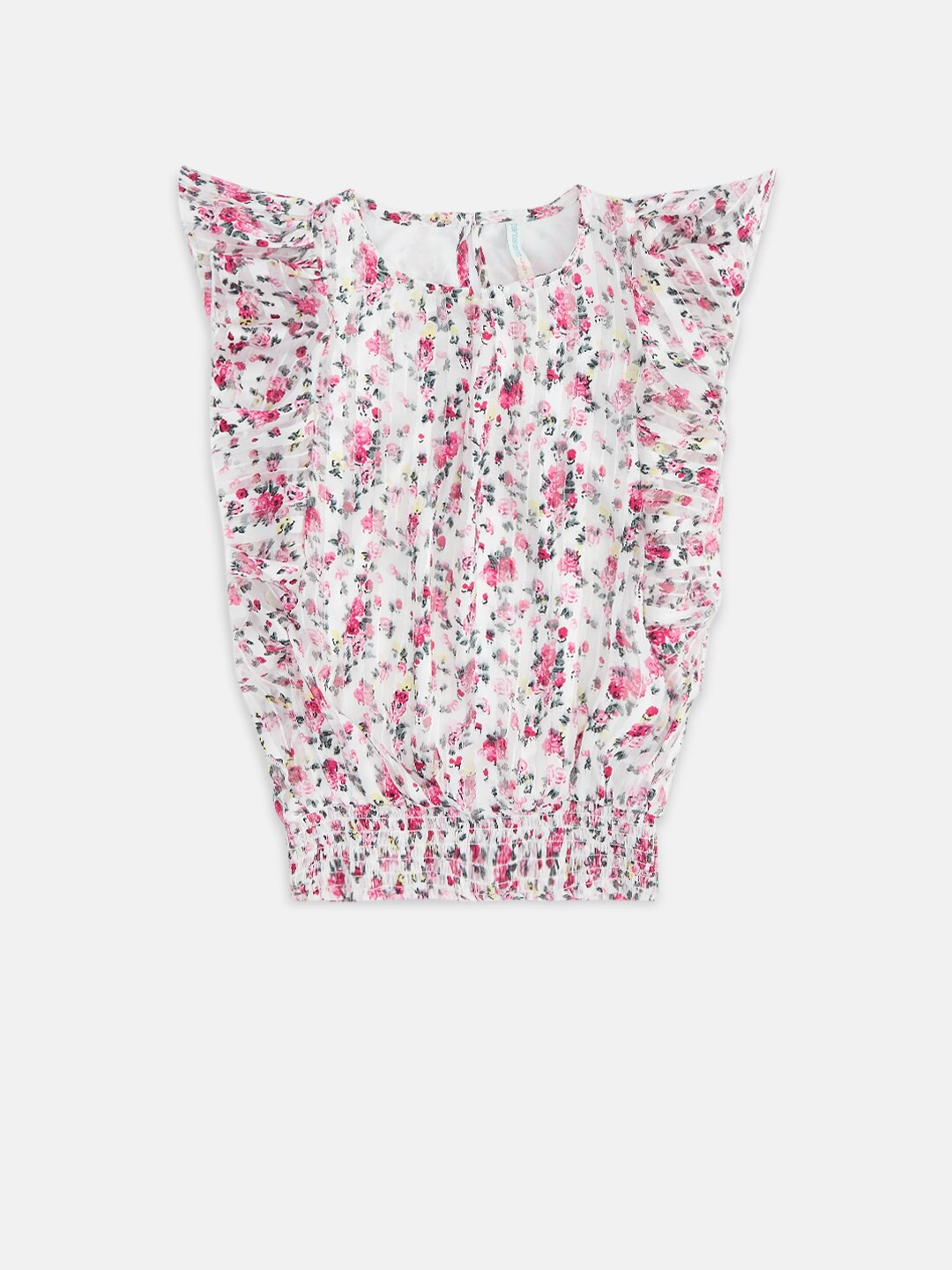 

Pantaloons Junior Girls Off White & Pink Floral Print Pure Silk Georgette Blouson Top